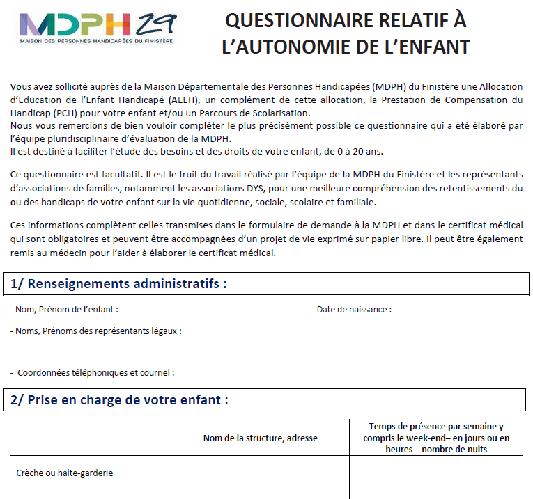 Questionnaire relatif à l'autonomie de l'enfant  MDPH 29